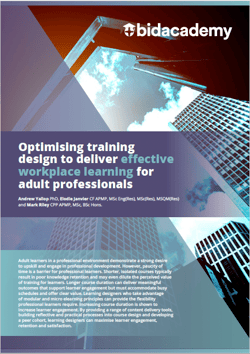 Cover of Bid Academy white paper: Optimising training design to deliver effective workplace learning for adult professionals